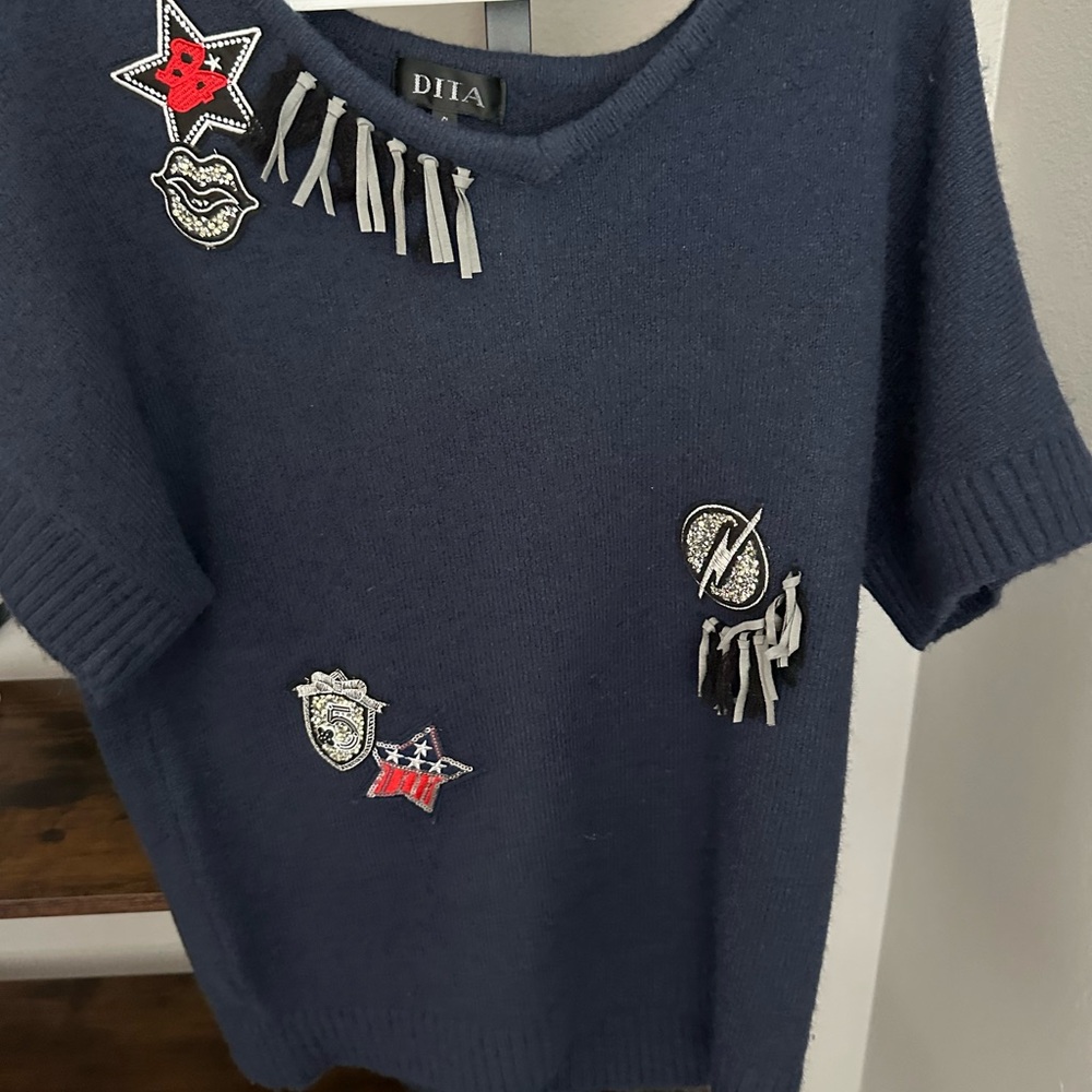 RARE DITA Navy Sweater with Patches SZ S
